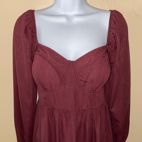 Allison & Kelly Poet Sleeve Sweetheart Neck Burgundy Gold Shimmer Mini Dress M - Picture 2 of 12